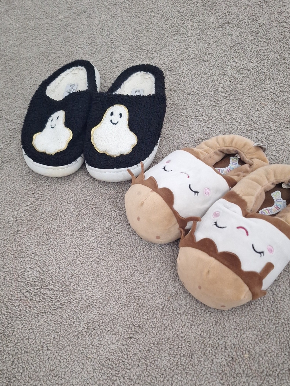 Kids Plush Slip-On One-Piece Slippers - Black Ghost & Brown Cow Styles